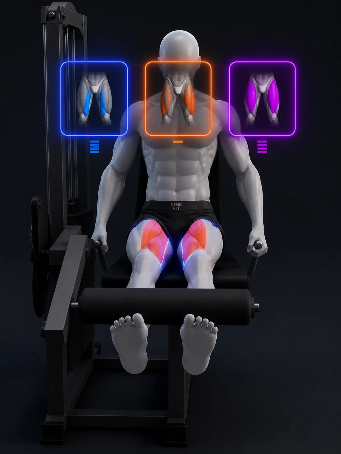 Leg exercise visual with highlighted muscles